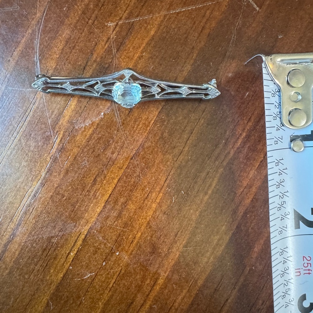 Vintage Art Deco Sterling Silver Aqua Blue Glass Filigree Brooch - Picture 8 of 9